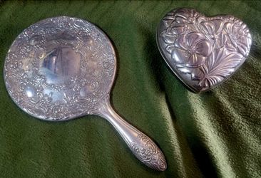 Antique silver vanity mirror and trinket box
