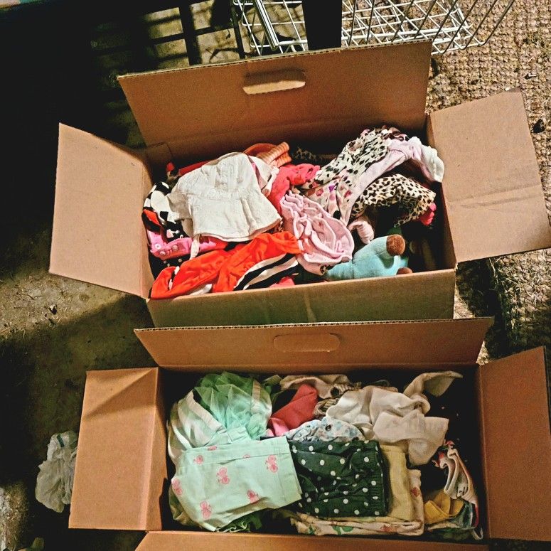 I have boxes full of little girls clothes  sizes 3  months to 5 toddler.  Lots of clothes  with tags  still  