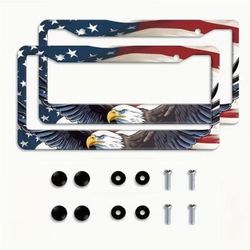 2pcs License Plate Frames - Patriotic American Flag & Eagle - ABS Black