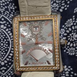 Marc Ecko Women's Rectangle Analog Quartz Watch White Leather Strap Date, SS