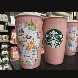 BRAND NEW Disneyland Starbucks Pink Travel Mug Ceramic 12oz