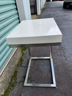Modern White and Chrome Side Table with Square Base