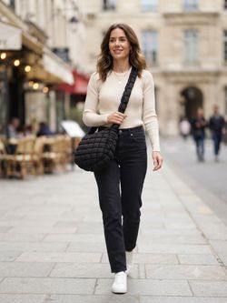 Urban Expressions Black Quilted Padded Crescent Shoulder Bag, Zip Closure
