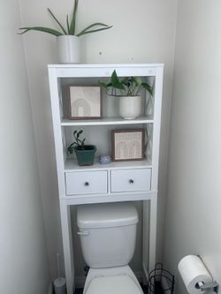 White over-toilet bathroom shelf