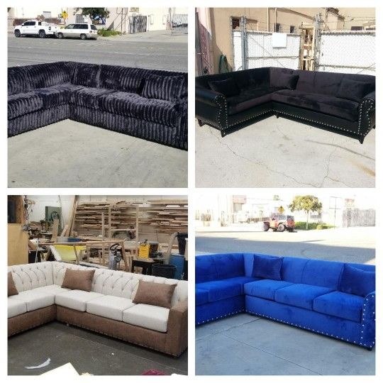 NEW 7X9FT  Sectional COUCHES.  Paisley BLACK, BABY FACE BLACK Combo, Dakota CAMEL LEATHER  And Electric BLUE FABRIC  Sofa 