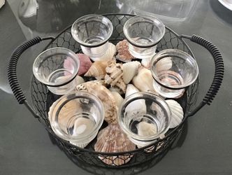 Candle Glass Holders 9.5”X 2.5” Round Black Wire Tray Including 6-Glasses & Sea Shells
