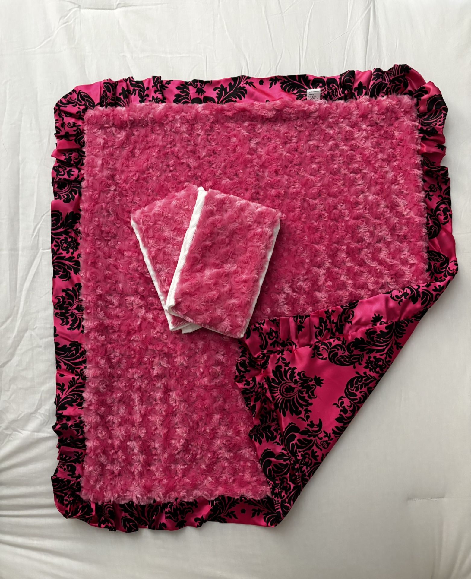Hot pink blanket with matching Minky burping cloths