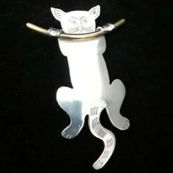 2.75" x 1.75" Solid Sterling Silver Cat Hanging On Solid Brass Branch, Taxco