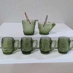 Vintage Hazel Atlas Depression Glass Coal Bucket & Water Bucket Ashtrays& 4- Barrel Shaped Mini Mugs