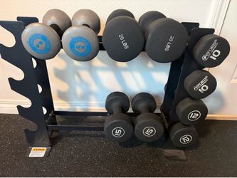 5 pairs of neoprene dumbbells (8 lb, 10 lb, 12 lb, 15 lb, 20 lb) and rack