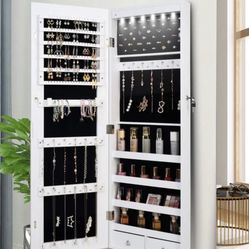 6 LED Lights Lockable Full Mirror Full Screen Jewelry Organizer Wall /door Mounted  New Still In Box