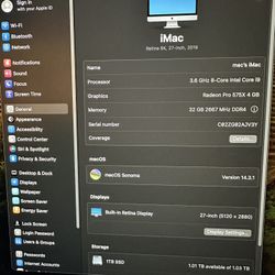 A grade 2019 Imac 27” 3.6 8core i9, 32gb ram, 1tb ssd. 