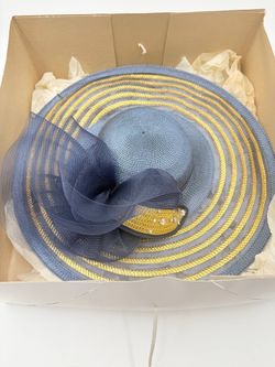 Vintage Sandra New York Wide Brim Dress Hat – Navy Blue & Gold Mesh Church