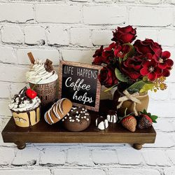 Coffee Bar Faux Decor Tray | Life Happens Coffee Helps Sign | Fake Donuts, Cupcakes, Chocolates | Farmhouse Kitchen Display | Not Edible