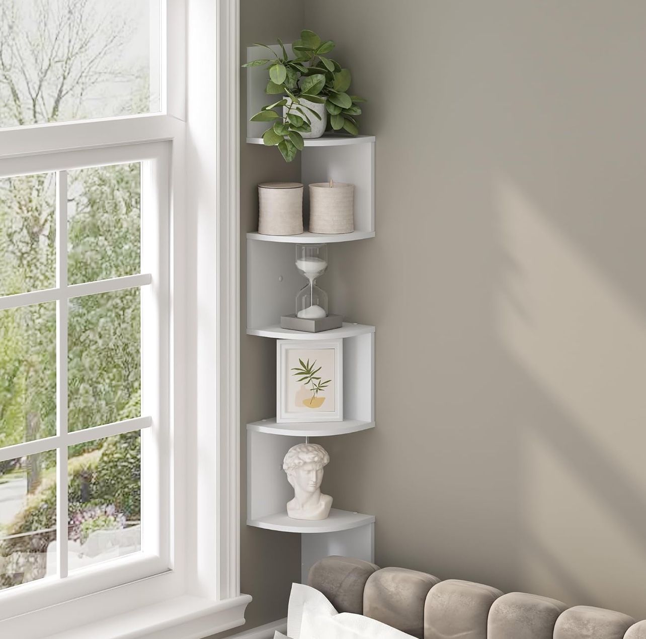 4-Tier Floating Corner Shelf, Wall Mount Shelves for Storage and Display, White