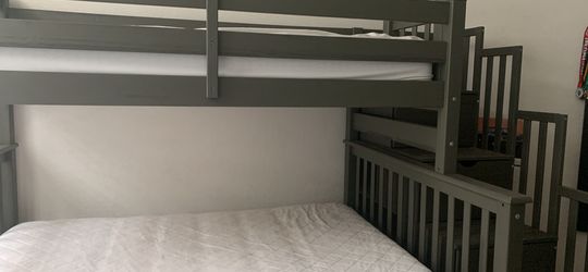 Grey Wooden Bunk Bed with Storage Stairs And Mattress’s, Protecters included