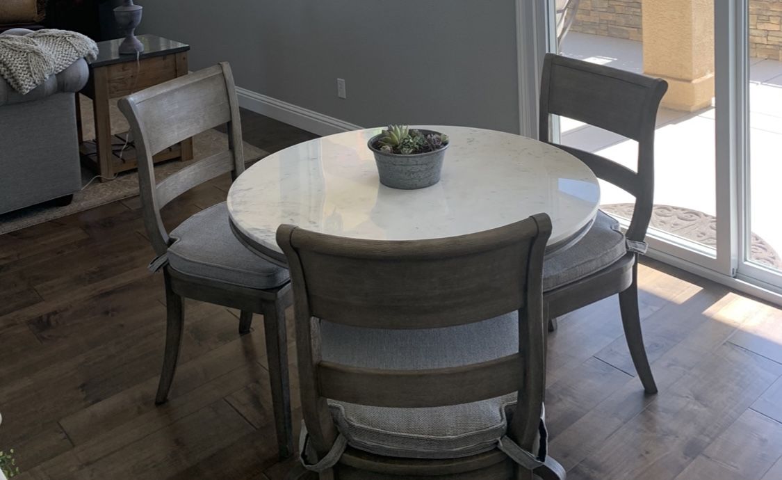 Pottery Barn Alexandra Round Marble Pedestal Dining Table with Chairs