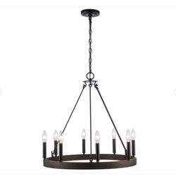 Wynnewood 8-Light Matte Black and Faux Wood Wagon Wheel Chandelier Light Fixture - New