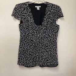 Women’s NINE WEST 100% Silk Black & White Cap Sleeve Pullover Blouse… Size 14