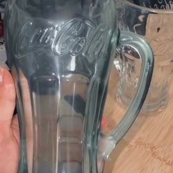 Coca-Cola Glass Mugs with Handle – Set of 2 Green and Clear Embossed Glasses
