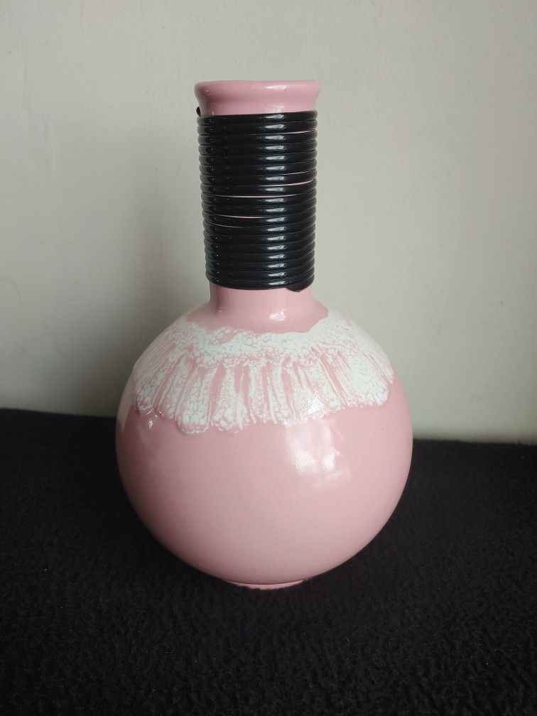 Vintage Vase Pink Drip Pottery Carafe Ceramic Art Glass Bulbous
