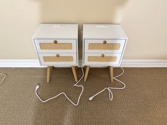 Set of 2 White Rattan Nightstands with Built-In Charging
