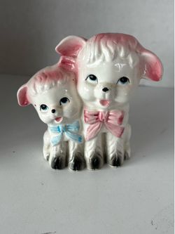 Vintage Woolworth Chalkware Mother and Baby Lamb Figurine 4”