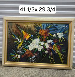 Framed Tropical Birds and Flowers Painting
