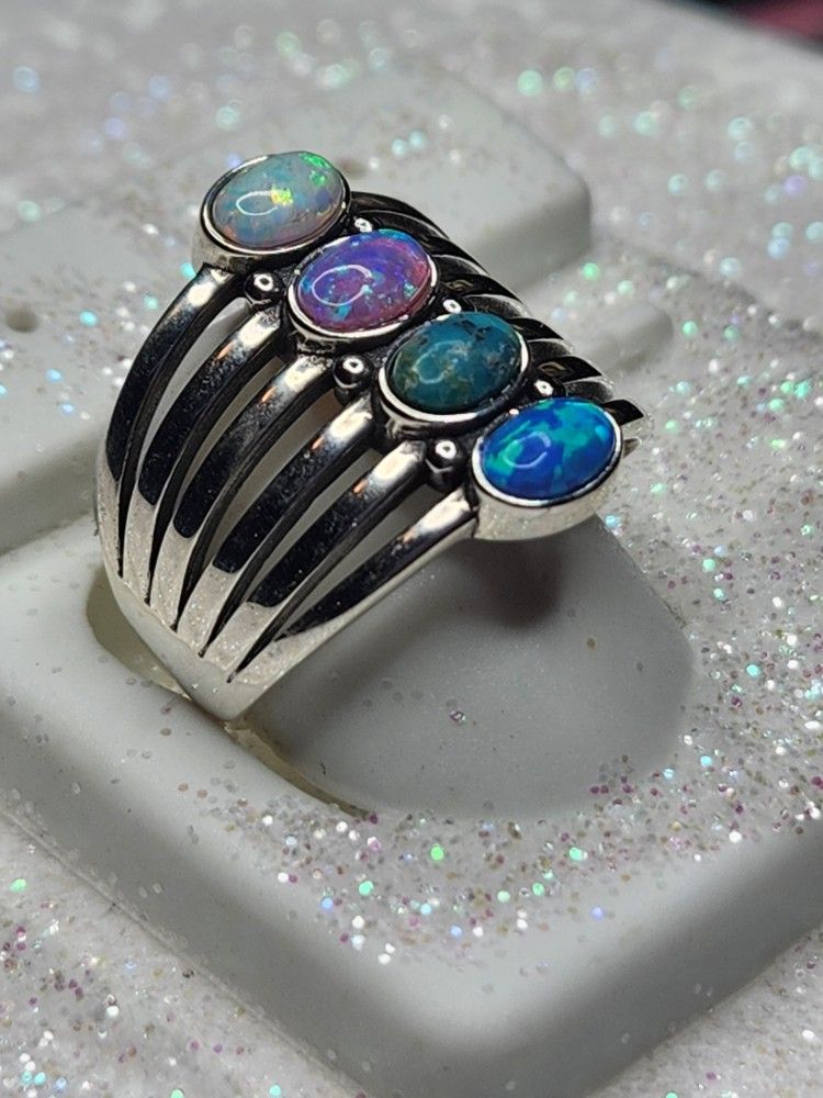 opal ring size 10 rhodium plated 925 sterling silver ring