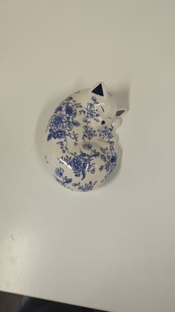 Charming Blue and White Floral Ceramic Sleeping Cat Figurine