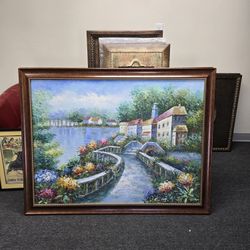 Large painting - flowers and houses - old European scene