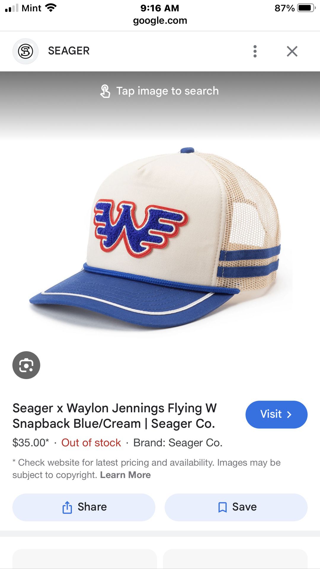 SEAGER X WAYLON JENNINGS FLYING W SNAPBACK BLUE/CREAM hAT
