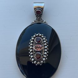 Large Rainbow Obsidian Pendant W/Garnets & Pink Tourmaline