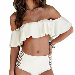 White off shoulder high waist bikini
