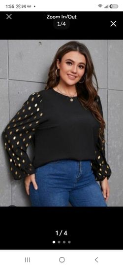 Pre -Owned Golden Dot print lantern sleeve Blouse color black 89th madison for women  size Large