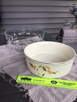 Two 7” Vintage Bowls Hall’s Superior Ceramic Kitchenware Autumn Leaf & Arcoroc France Thumbprint Glass