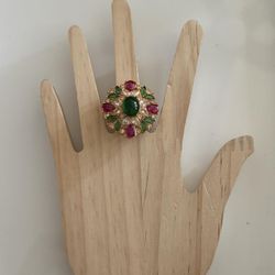 New | Indian Luxury Green/Magenta Gold AD Adjustable Ring