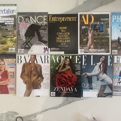 10 Magazines: VOGUE, ELLE, BAZAAR, First, Architectural Digest, Dance, Phoenix Magazine, Entrepreneur, Wine Spectator. NEW. Recent issues. $5 for ALL.
