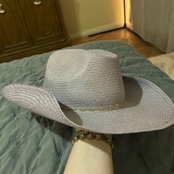 Women's Blue Straw Rancher Hat with Gold Chain