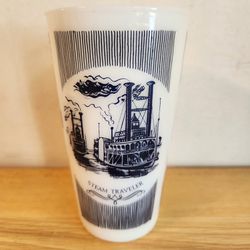 Milk Glass Tumbler Anchor Hock Currier IVES Vintage Blue Steamboat Train Horse Colonial