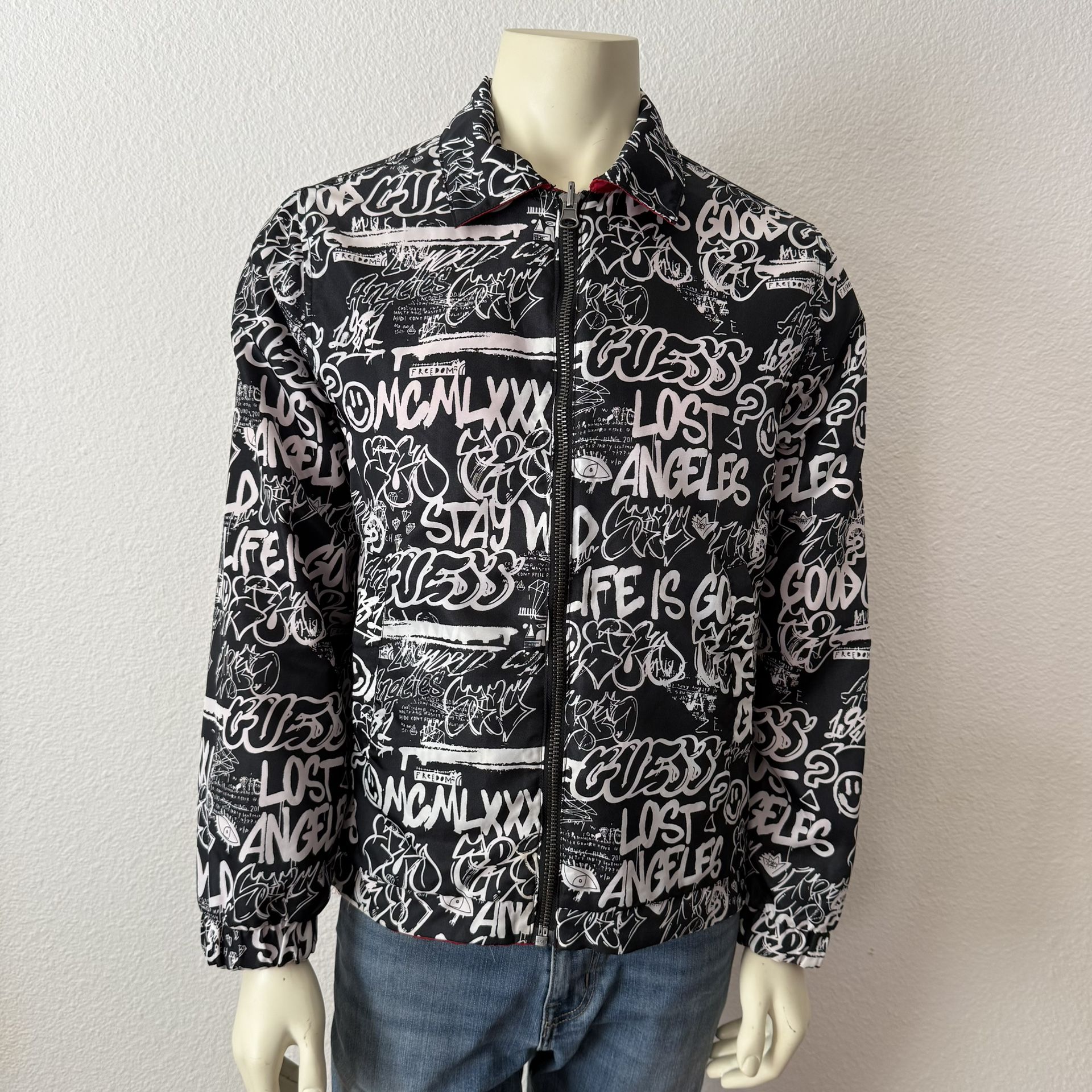 RARE Guess Red/Graphic, Graffiti Reversible Full Zip Jacket