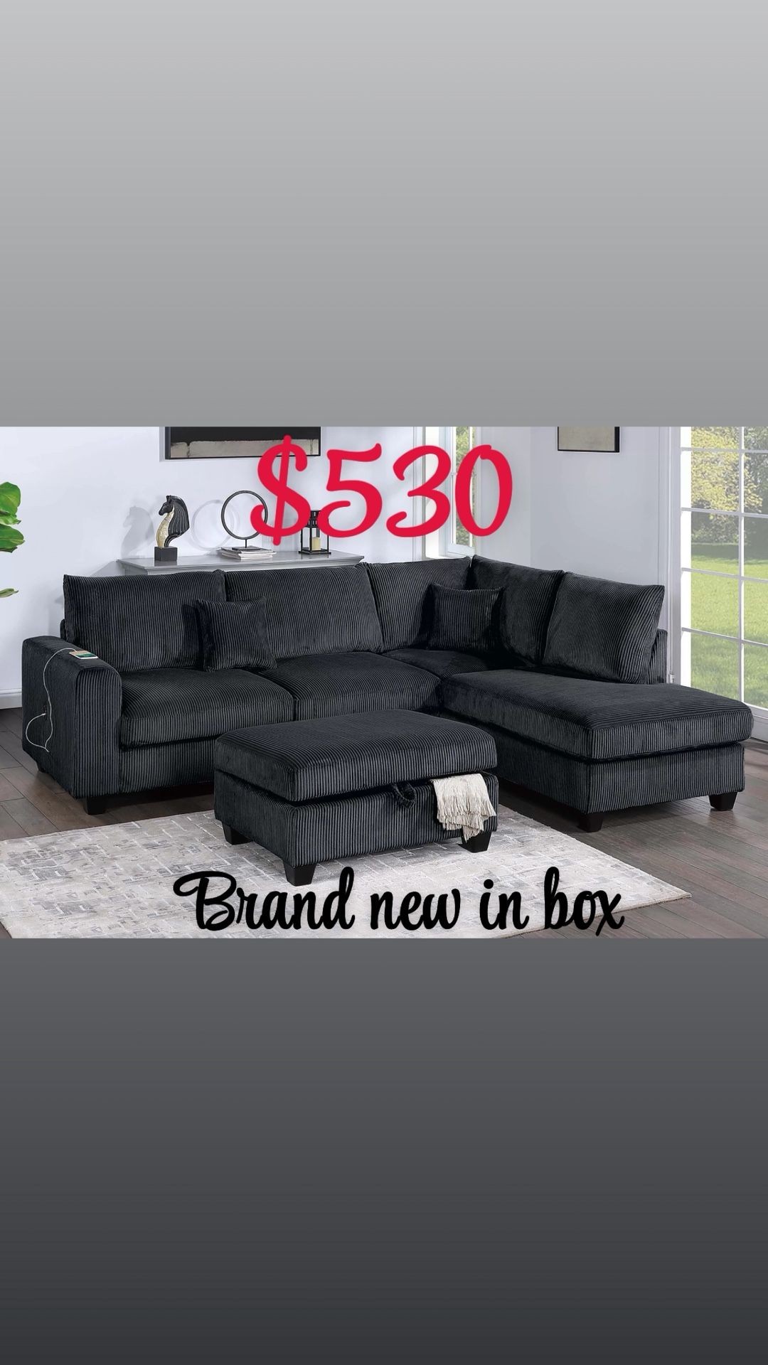 3-Piece Sectional Set RAF Chaise + LAF Sofa W/ USB Port + Storage Ottoman /pick up in Moreno Valley