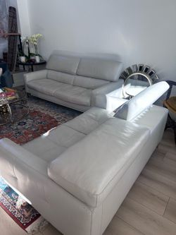 Designer  sofa leather couch and loveseat in gray