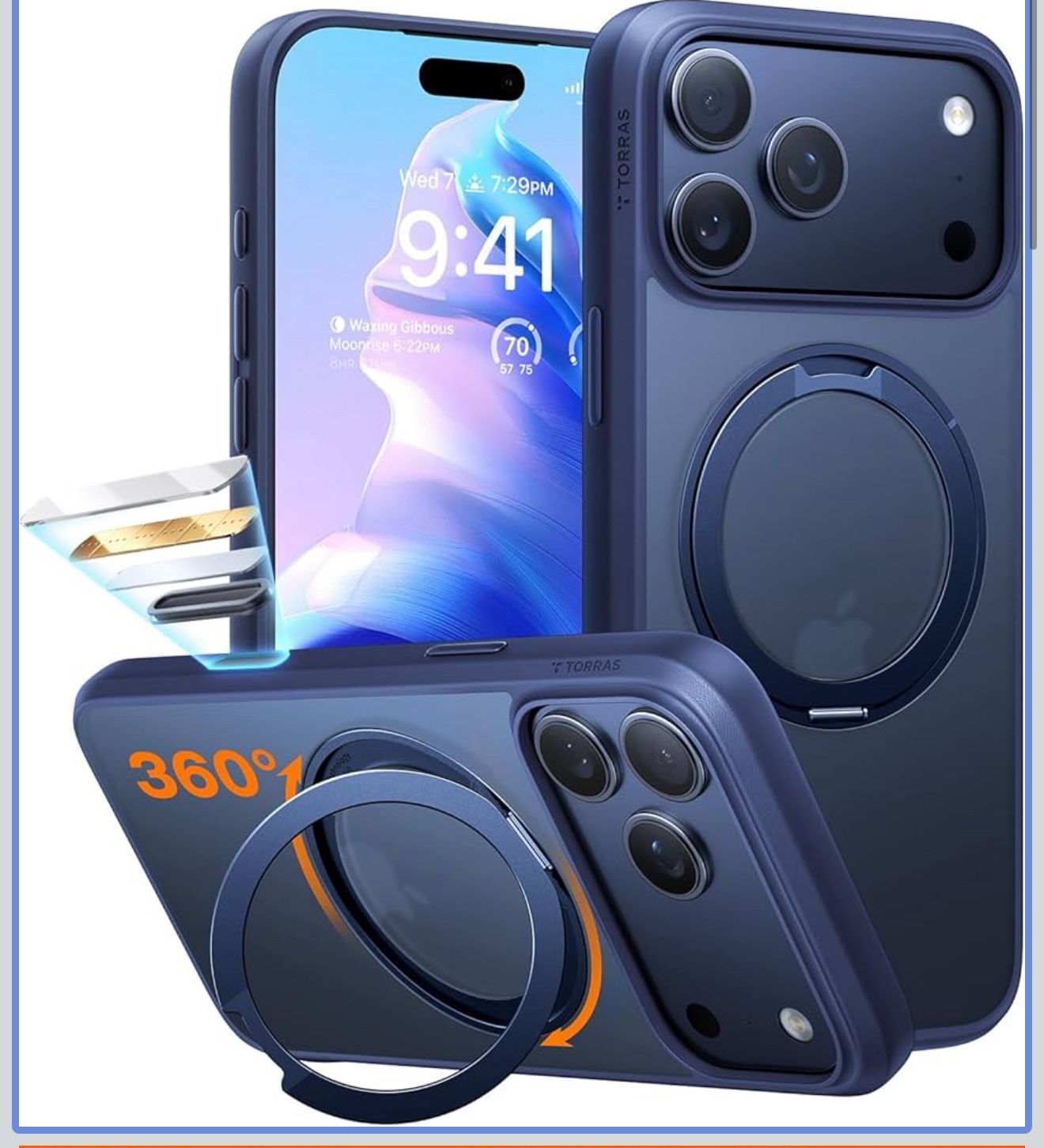 TORRAS Upgraded 360 Rotatable Magnetic Stand for iPhone 17 Pro Max Case, Fit for MagSafe with Ring, Mil-Grade Protection, Camera Control, Translucent