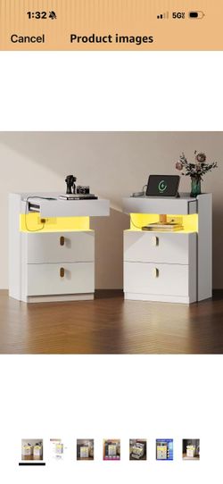 ❤️‍🔥Set of 2 WLIVE White Nighstand with Charging Station and LED Lights,