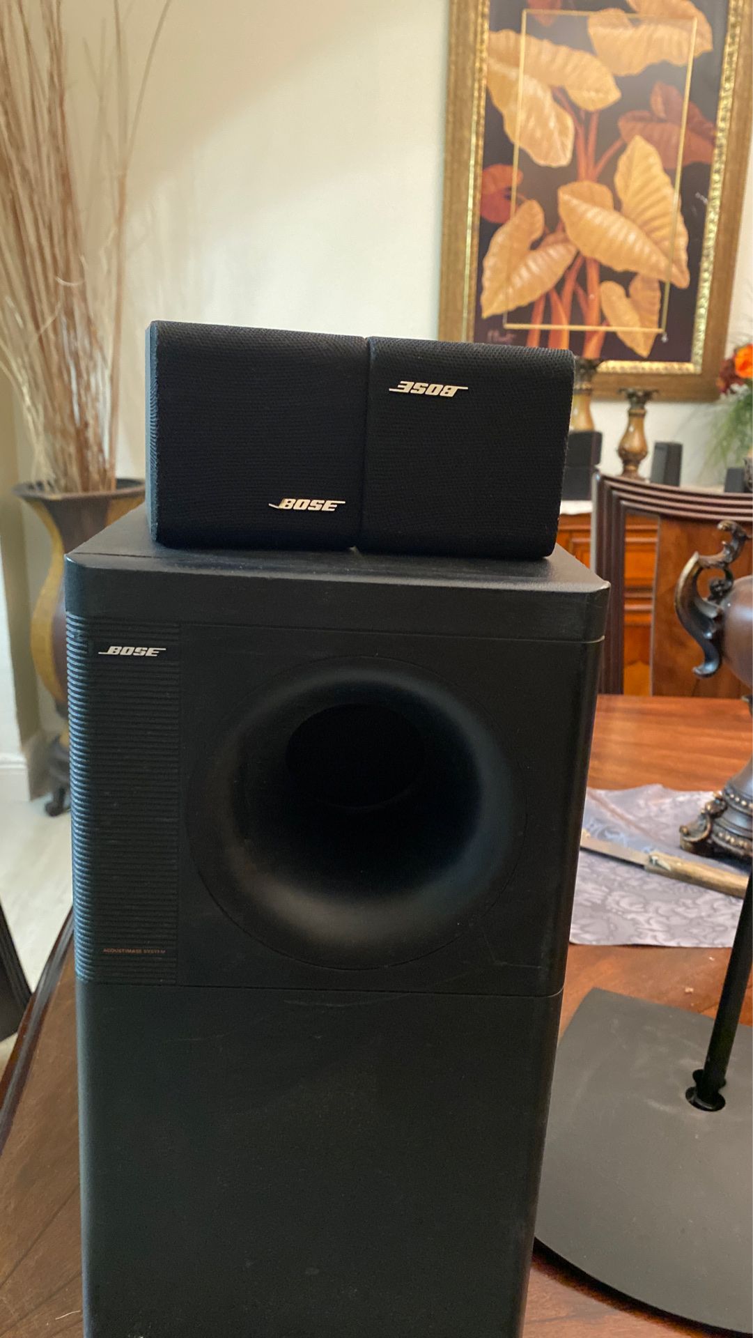 Bose speakers and subwoofer (2 stands included)