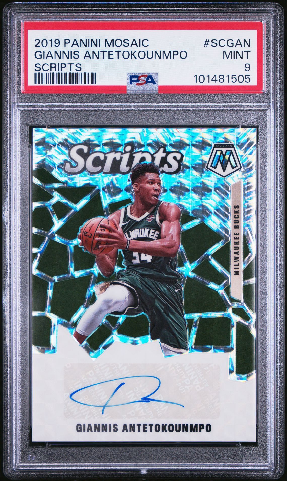 2019 Panini Mosaic Giannis Antetokounmpo Scripts Prizm PSA 9 Auto Bucks