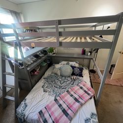 Full Size Loft Bed with Desk and Storage, Solid Wood Loft Bed Frame with Drawers and Shelves, for Kids Teens Adults (Gray)