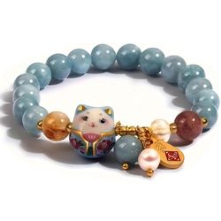 RealThing Authentic Lucky Cat Bracelet with Blue Crystal – Feng Shui Good Luck Jewelry for Women, Ceramic Cat Pendant for Wealth, Protection & Positiv