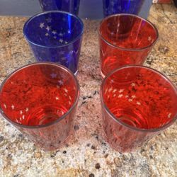 Americana Patriotic Vintage Set Of 6 Red And Blue Roly Poly Glasses 